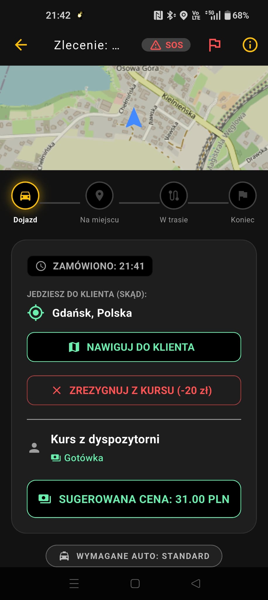 Ekran realizacji kursu przez kierowcę