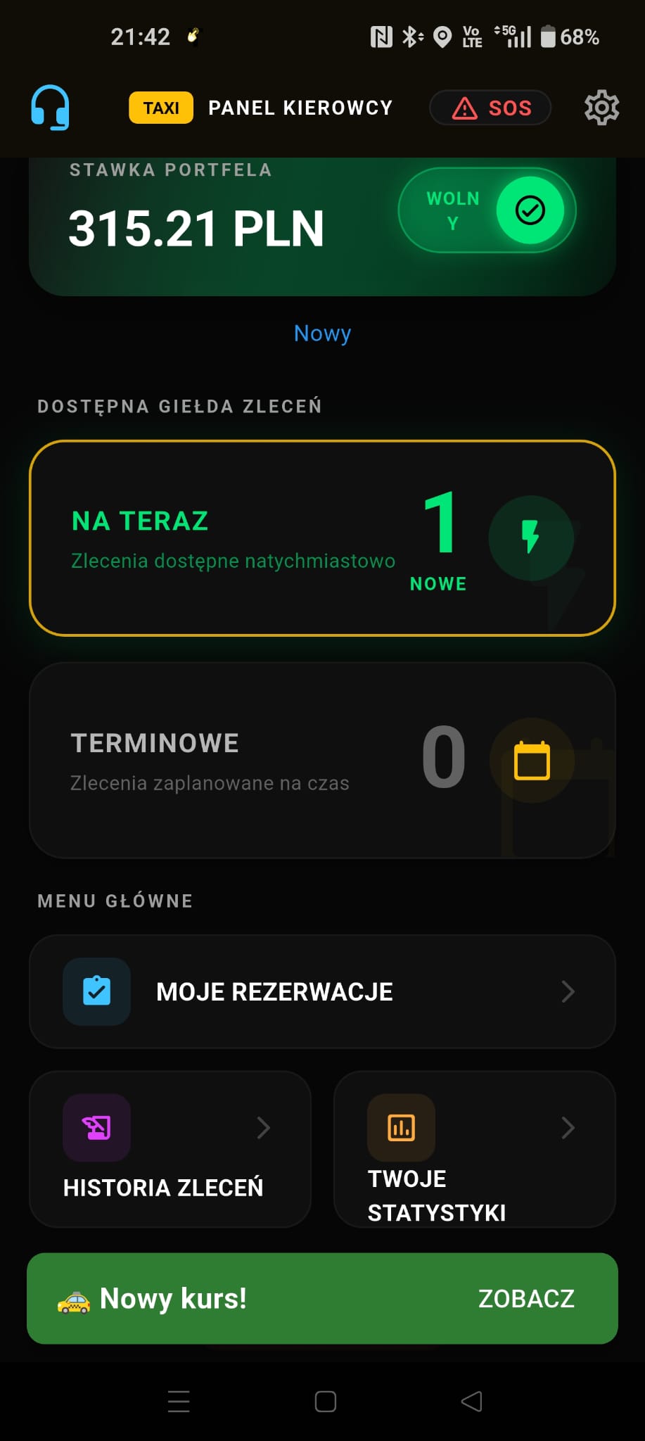 Główny panel kierowcy TapTaxi